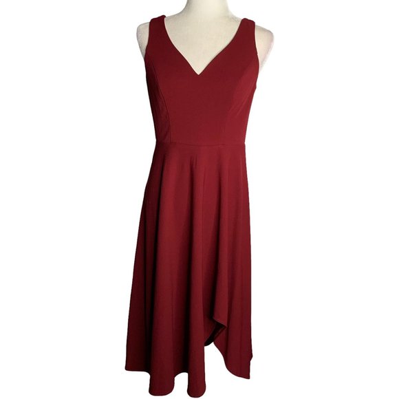 Retro Sleeveless V Neck Midi Swing Dress M Maroon Red Zip High Low Hem NEW - Picture 1 of 7